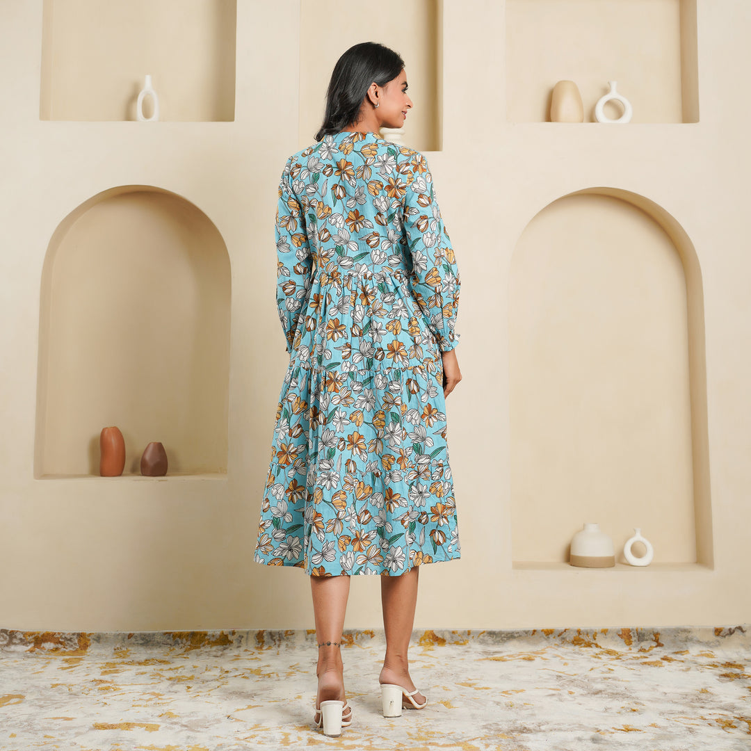 'Sky Blue Blossom' 3-Tiered Cotton Midi Dress with Pockets