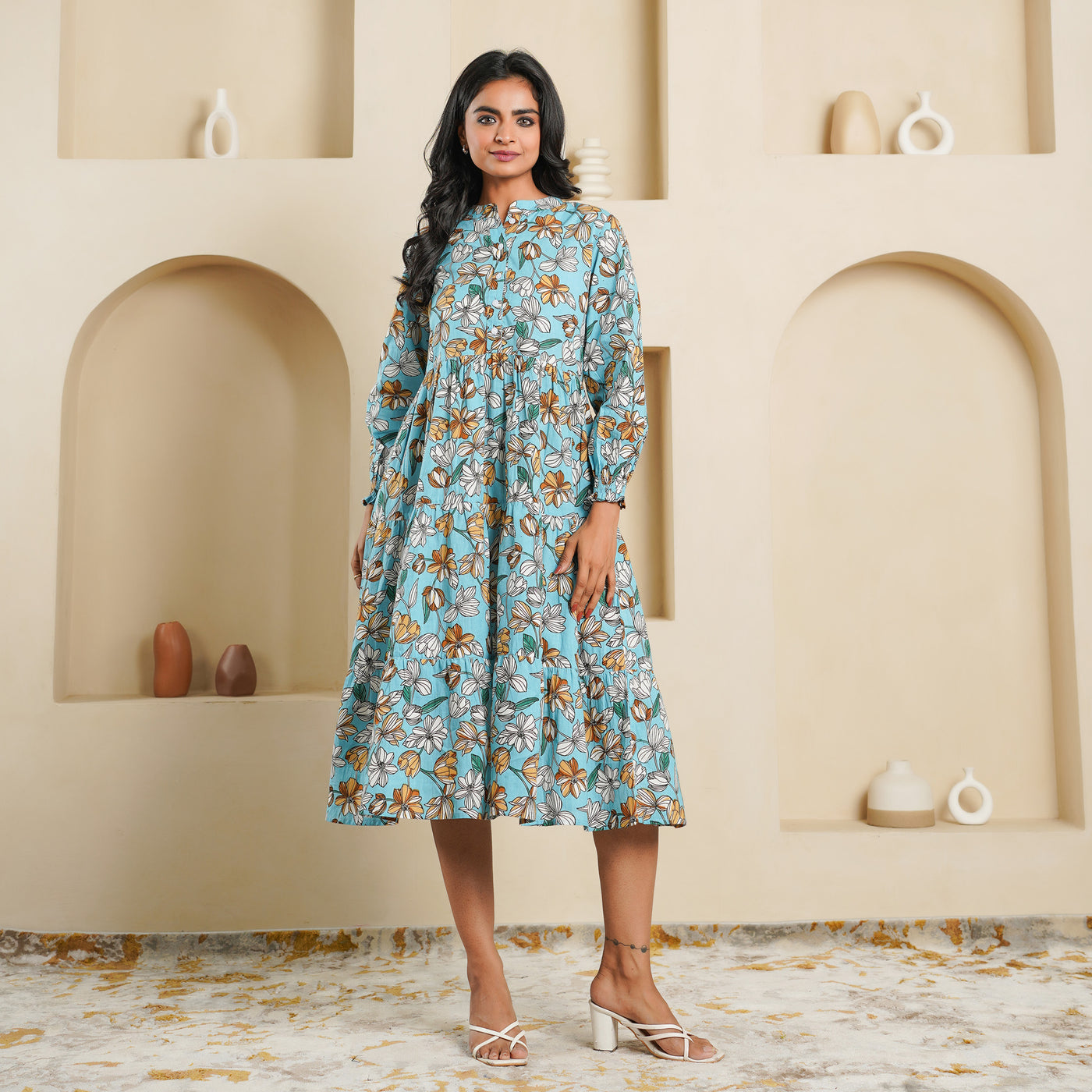 'Sky Blue Blossom' 3-Tiered Cotton Midi Dress with Pockets