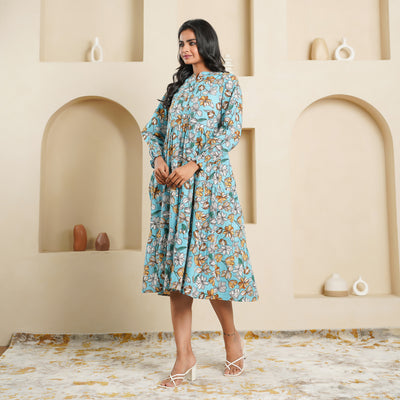 'Sky Blue Blossom' 3-Tiered Cotton Midi Dress with Pockets