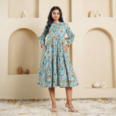 'Sky Blue Blossom' 3-Tiered Cotton Midi Dress with Pockets