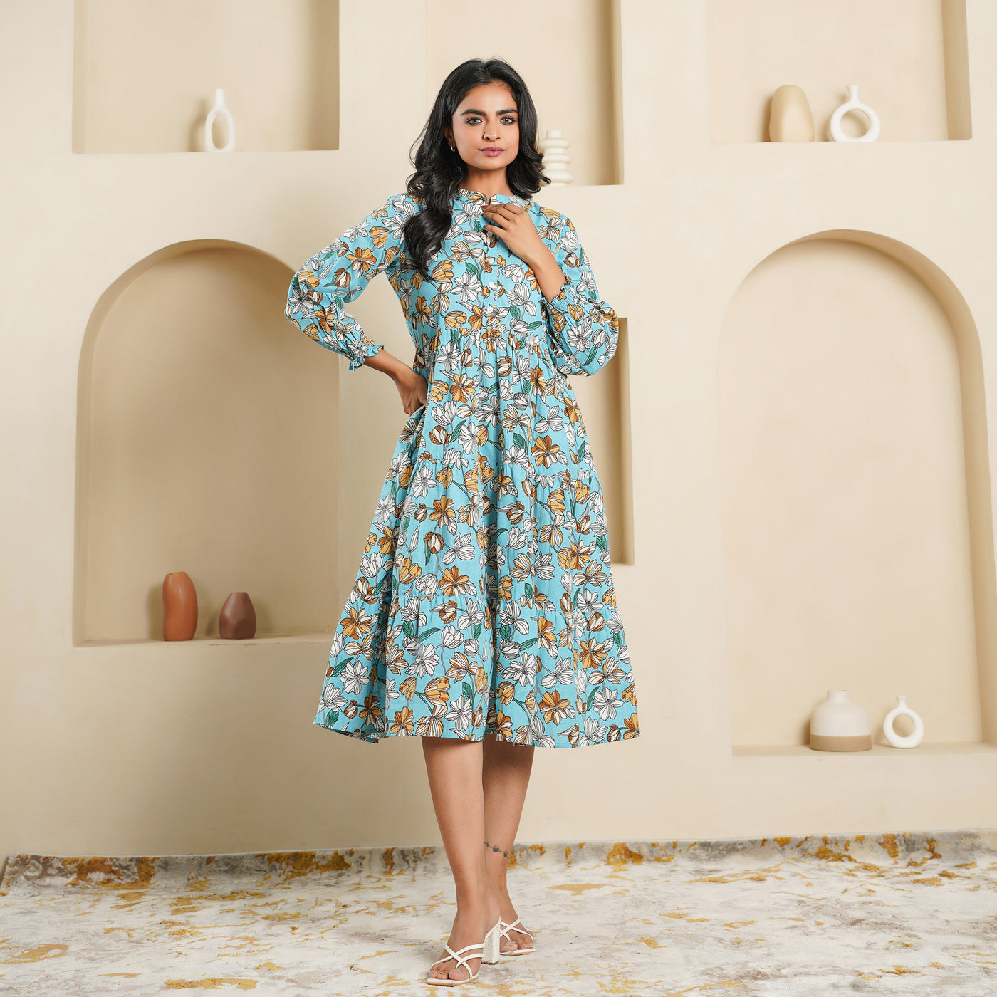 'Sky Blue Blossom' 3-Tiered Cotton Midi Dress with Pockets