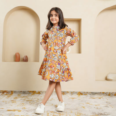 'Mustard Blossom' Girl's Tiered Cotton Dress