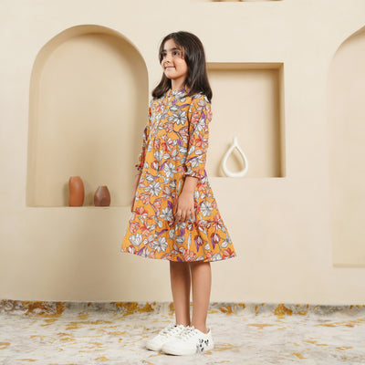 'Mustard Blossom' Girl's Tiered Cotton Dress