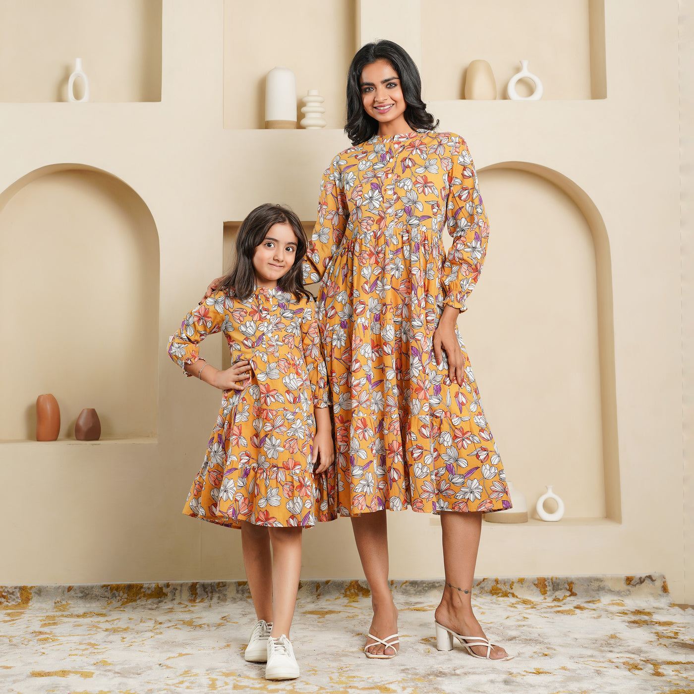 'Mustard Blossom' Mom and Daughter Tiered Cotton Dresses