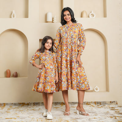 'Mustard Blossom' Mom and Daughter Tiered Cotton Dresses