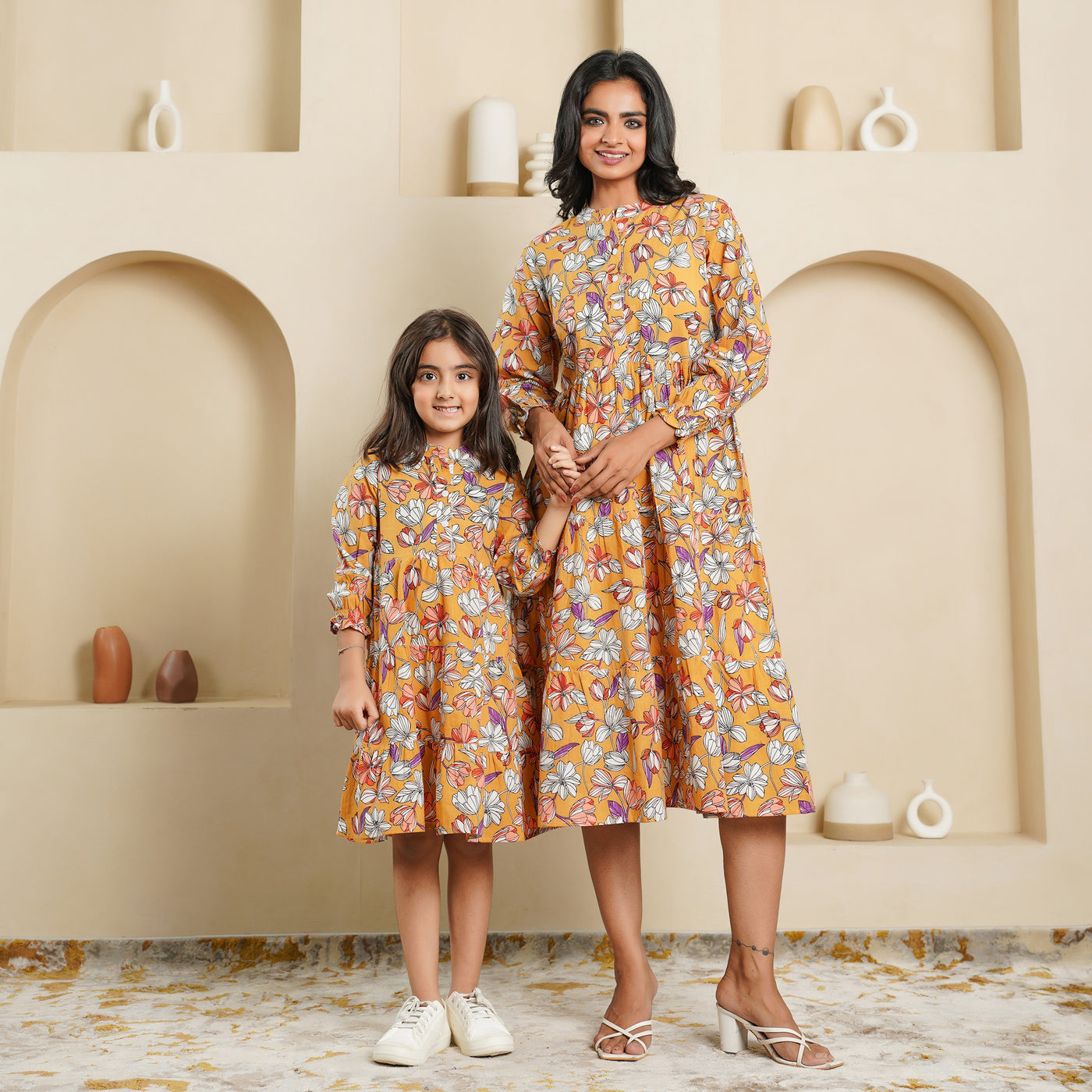 'Mustard Blossom' Mom and Daughter Tiered Cotton Dresses