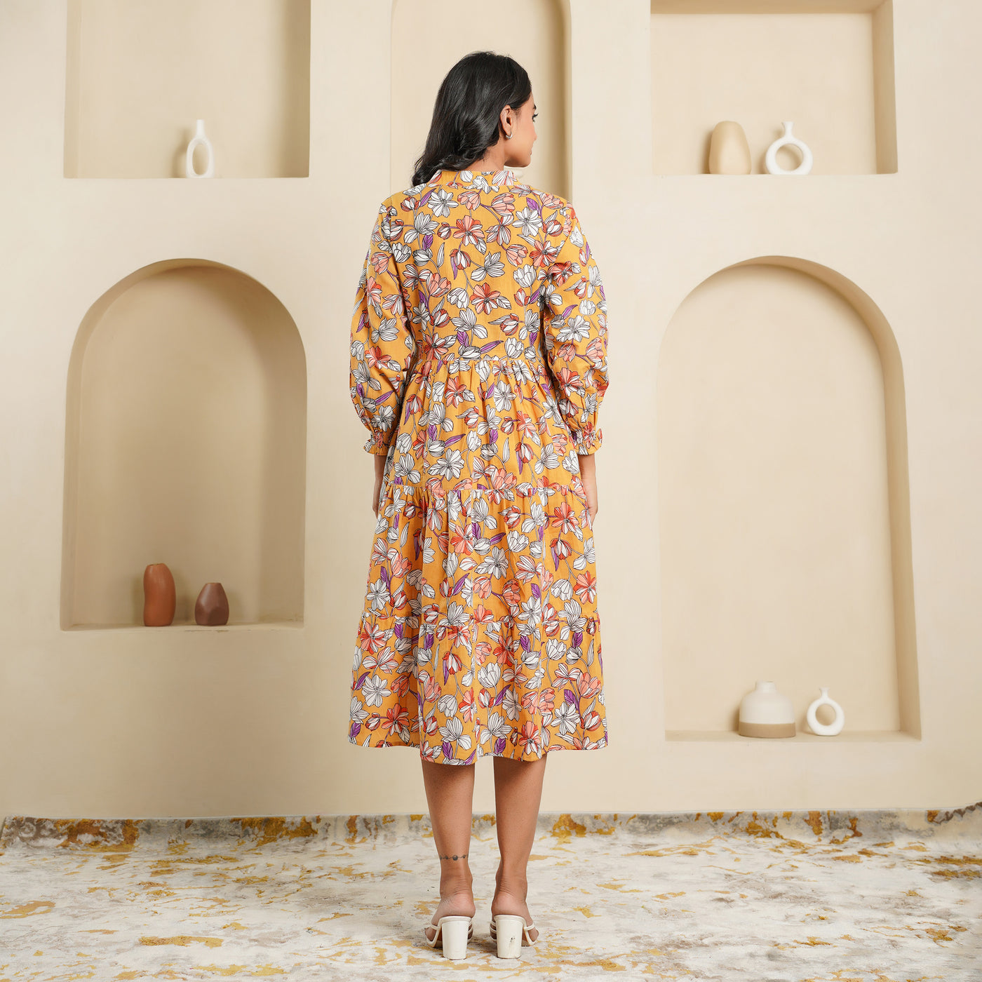 'Mustard Blossom' 3-Tiered Cotton Midi Dress with Pockets