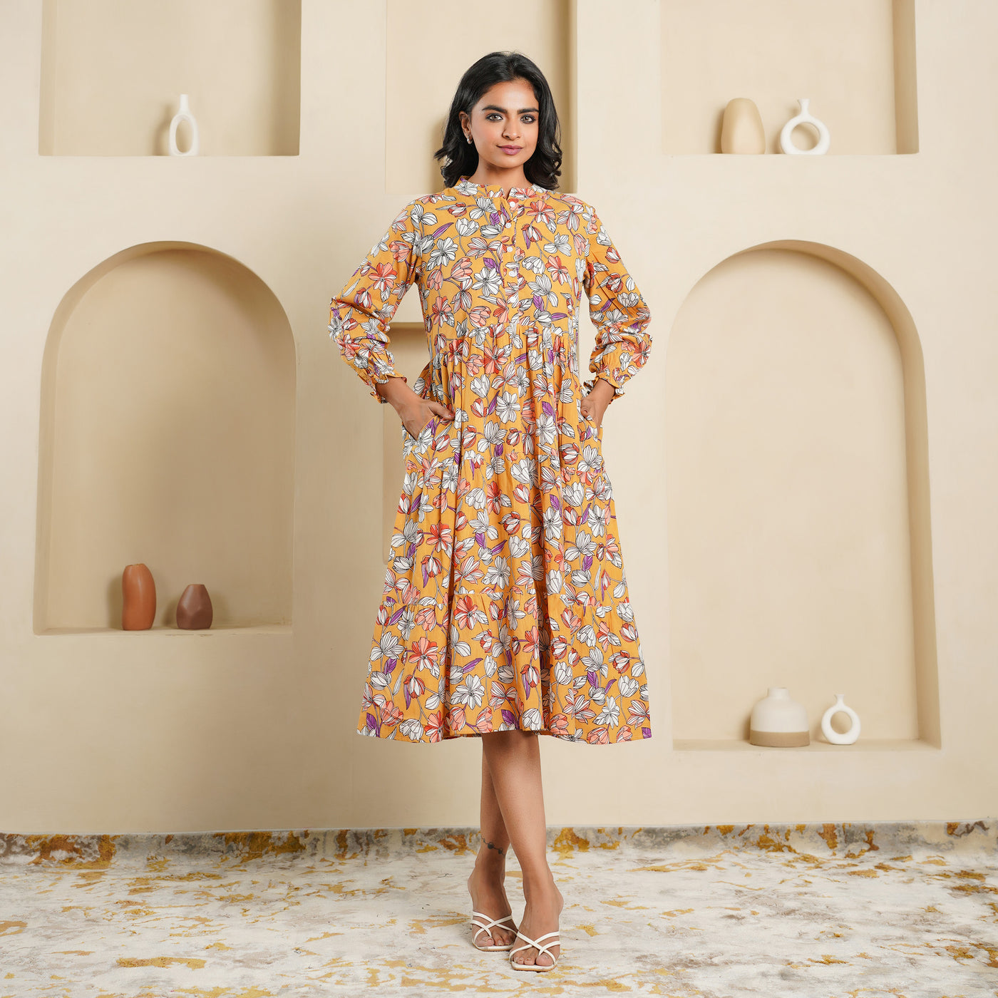 'Mustard Blossom' 3-Tiered Cotton Midi Dress with Pockets