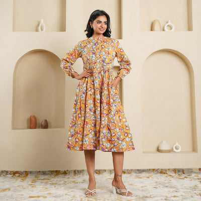 'Mustard Blossom' 3-Tiered Cotton Midi Dress with Pockets