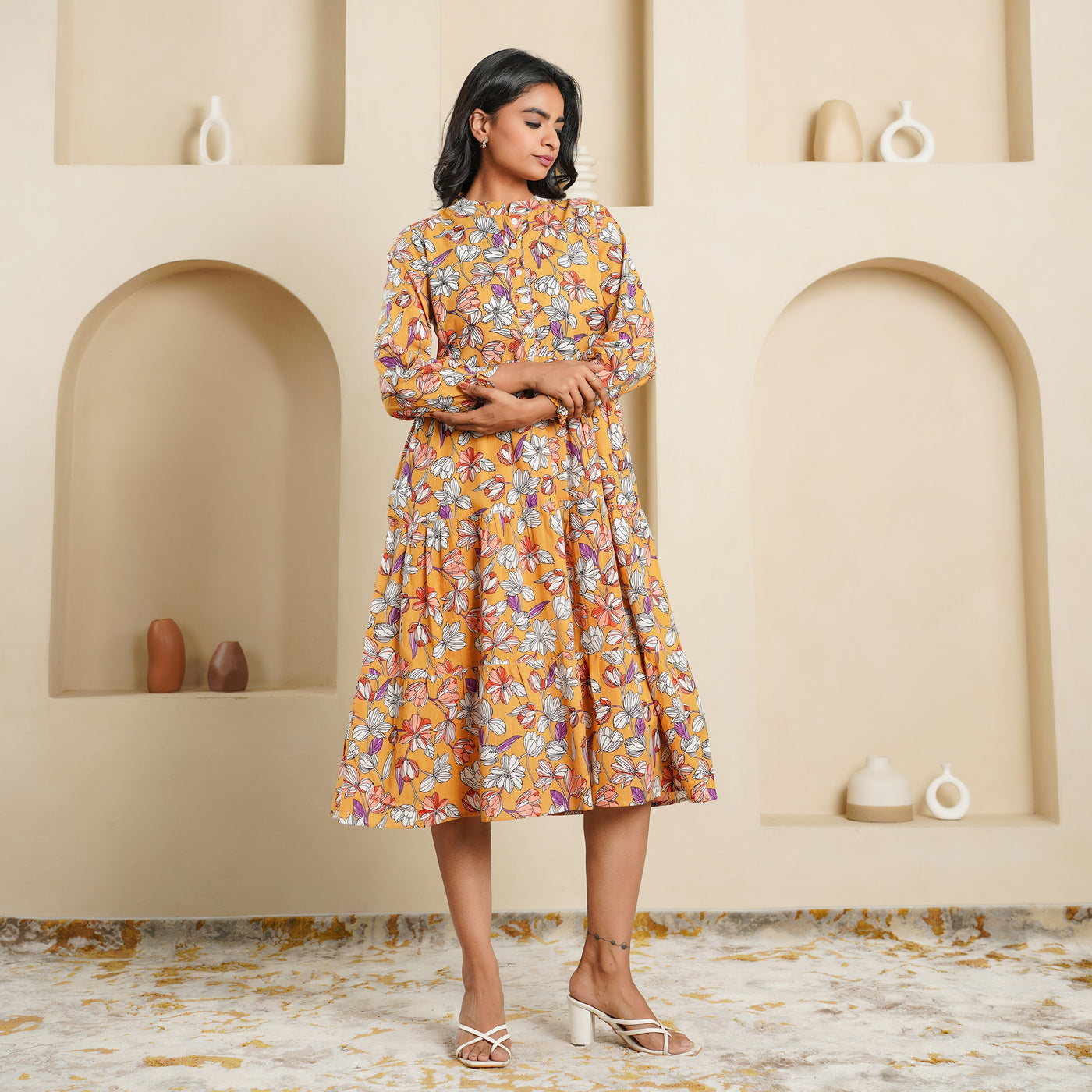 'Mustard Blossom' 3-Tiered Cotton Midi Dress with Pockets