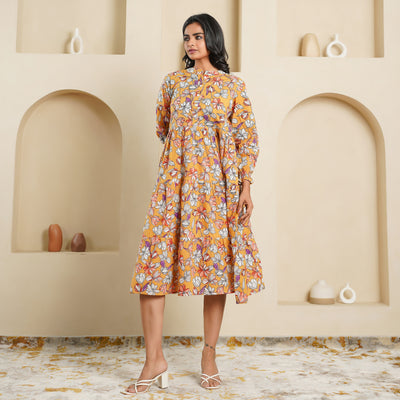 'Mustard Blossom' 3-Tiered Cotton Midi Dress with Pockets