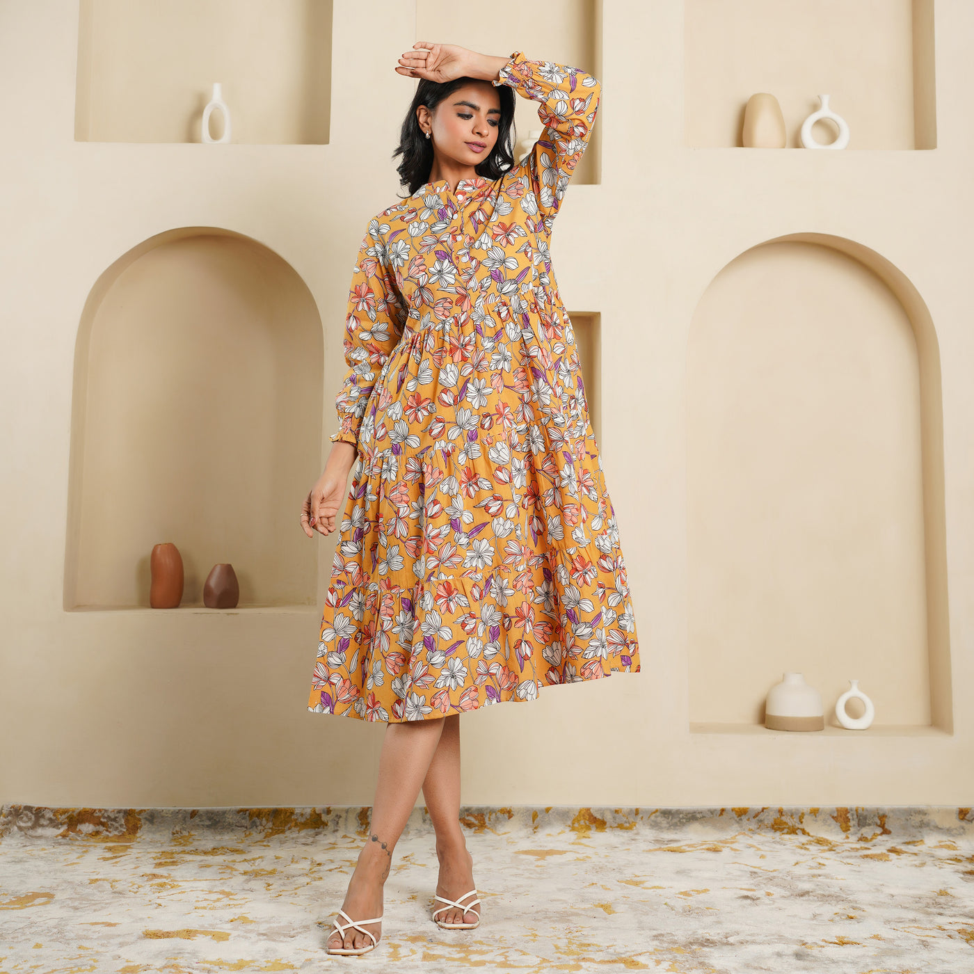 'Mustard Blossom' Mom and Daughter Tiered Cotton Dresses