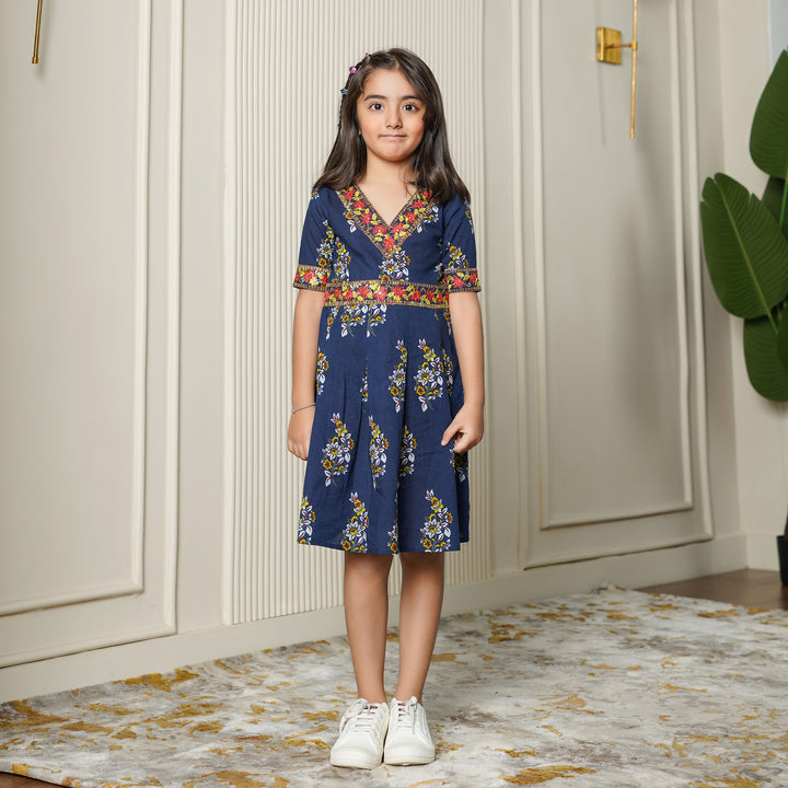 Ethnic Motif on Blue Girl's Cotton Dress