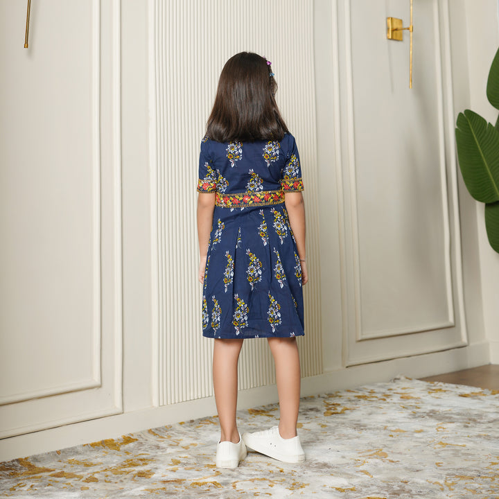 Ethnic Motif on Blue Girl's Cotton Dress