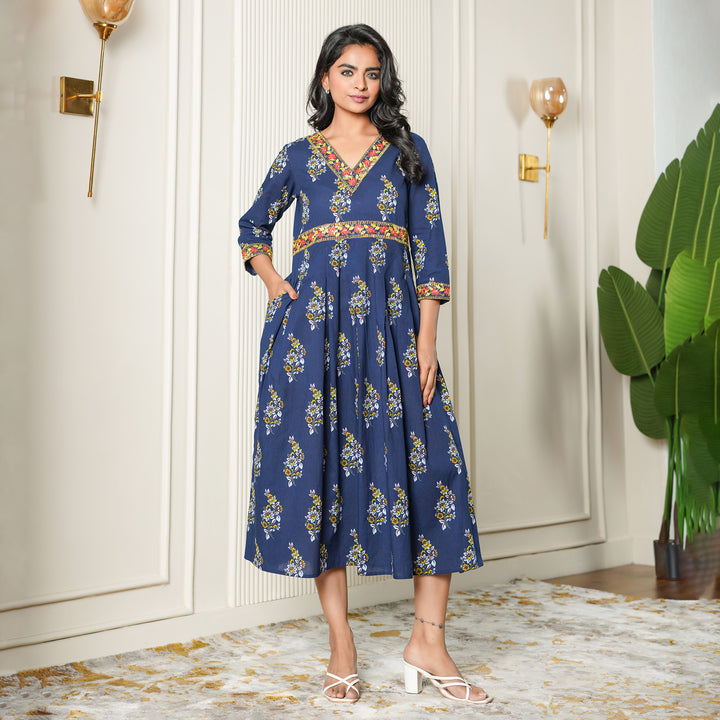 Ethnic Motifs on Blue Cotton Midi Dress with Pockets
