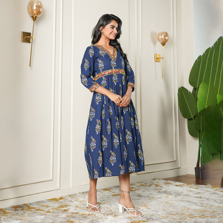 Ethnic Motifs on Blue Cotton Midi Dress with Pockets