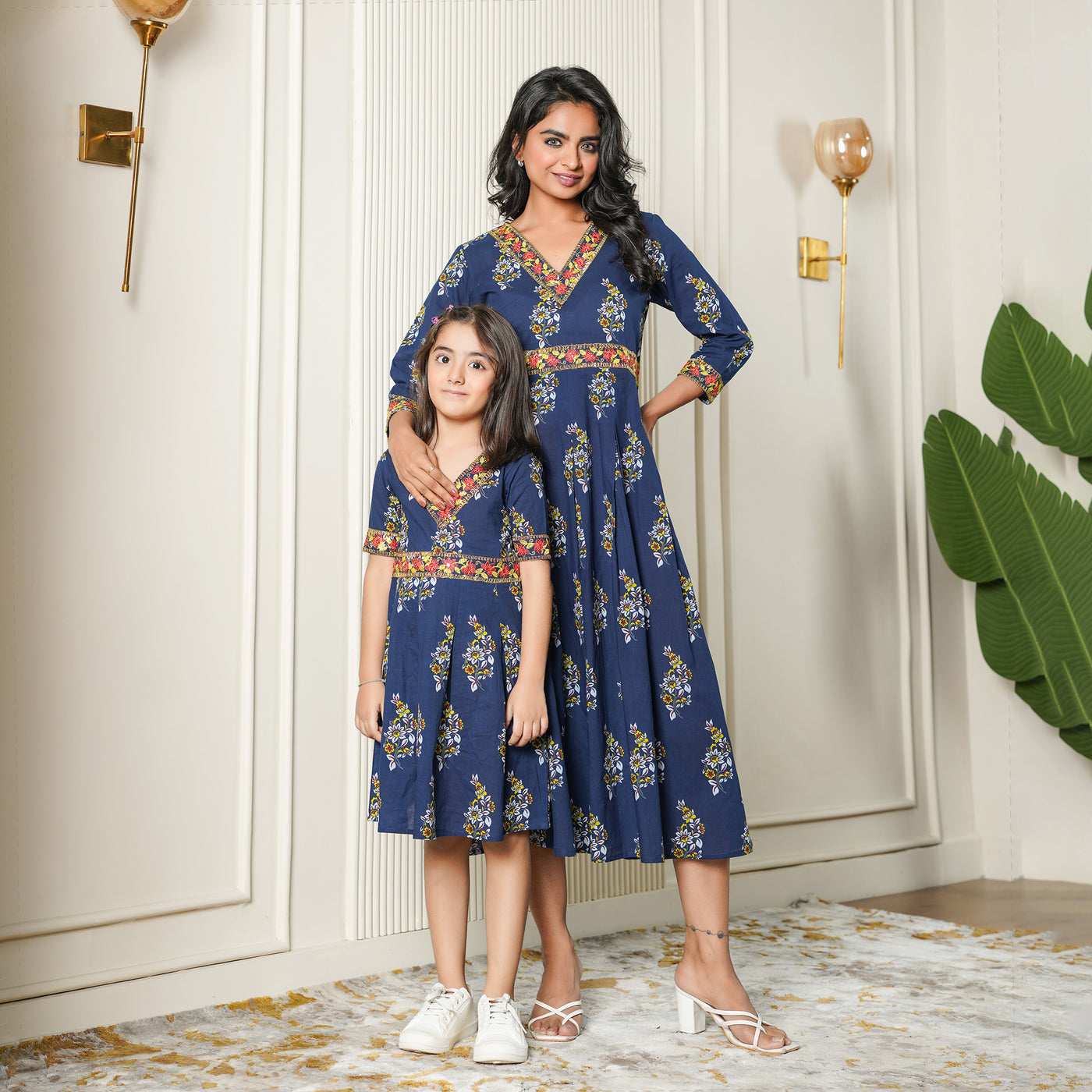 Ethnic Motif on Blue Mom and Daughter Cotton Dresses