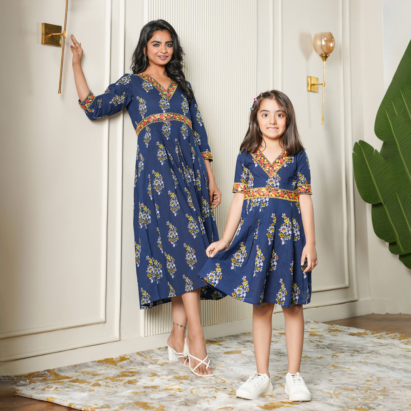 Ethnic Motif on Blue Mom and Daughter Cotton Dresses