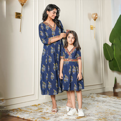 Ethnic Motif on Blue Mom and Daughter Cotton Dresses