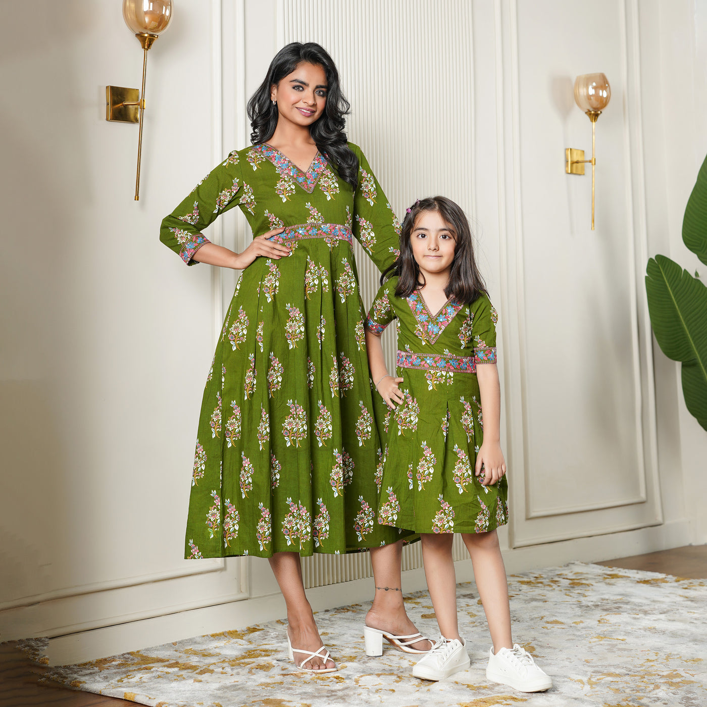 Ethnic Motif on Green Mom and Daughter Cotton Dresses