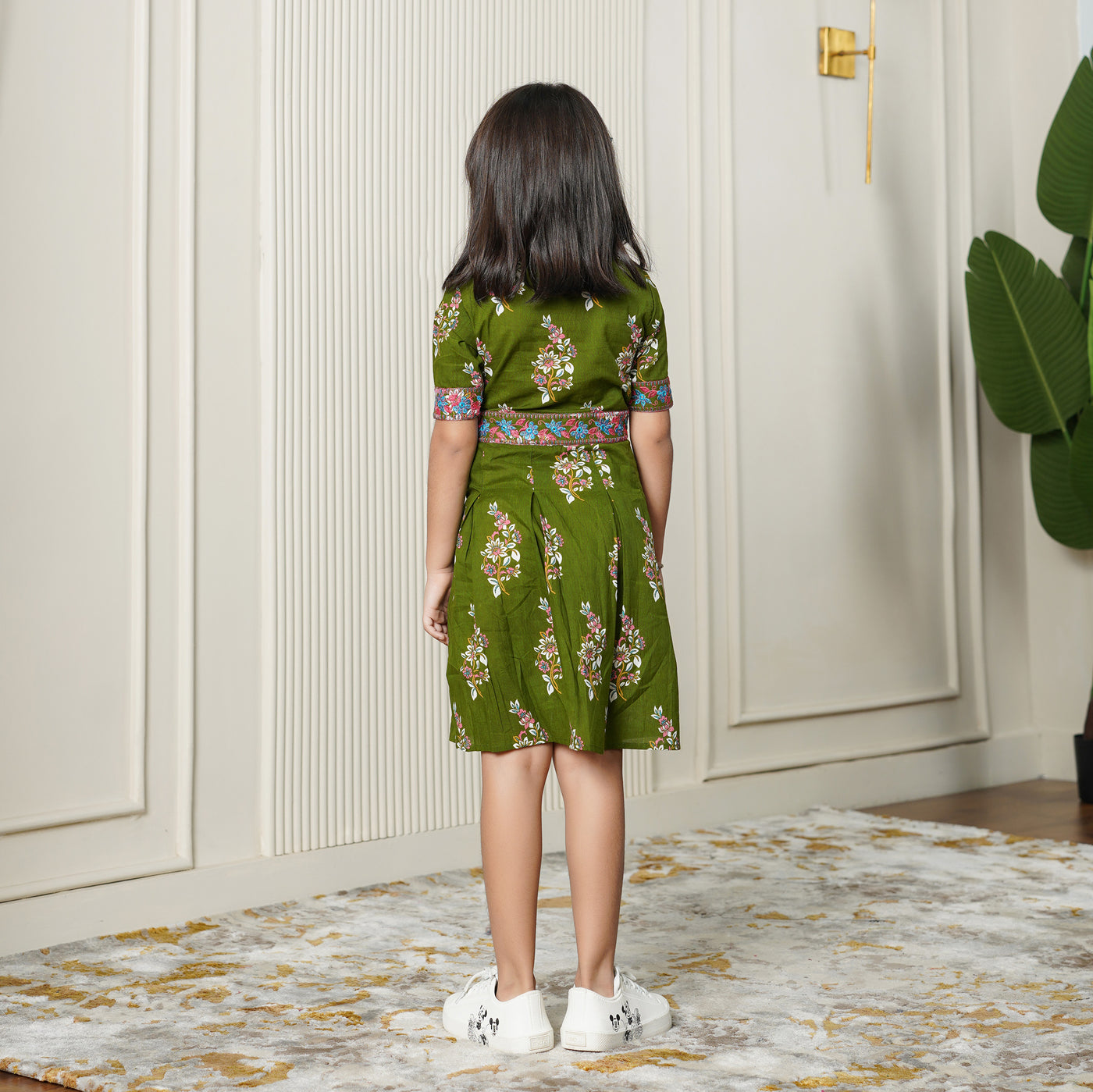 Ethnic Motif on Green Girl's Cotton Dress