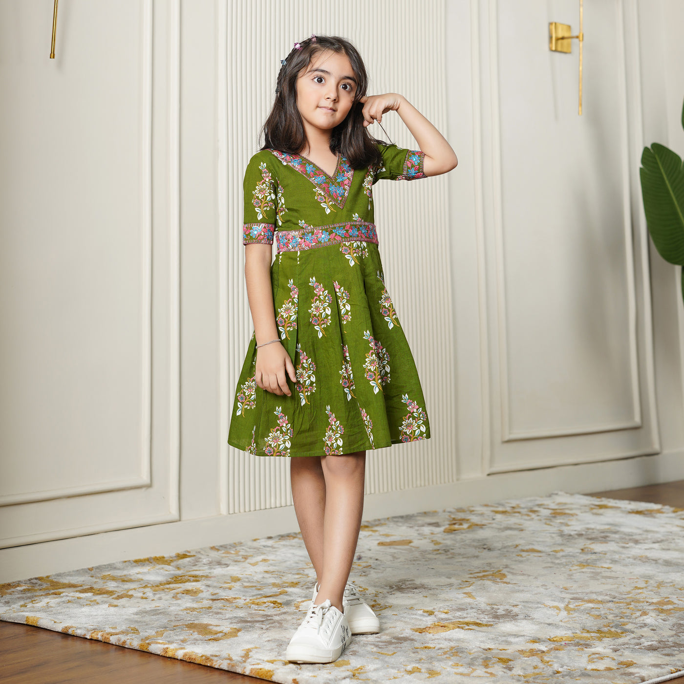 Ethnic Motif on Green Girl's Cotton Dress