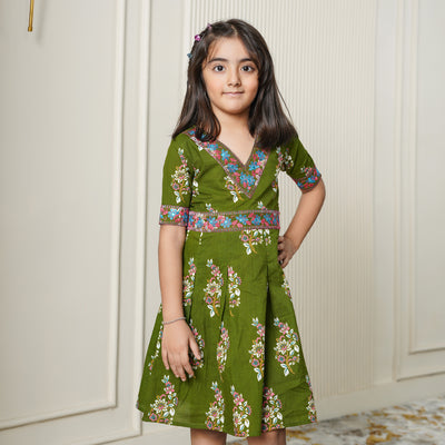 Ethnic Motif on Green Girl's Cotton Dress