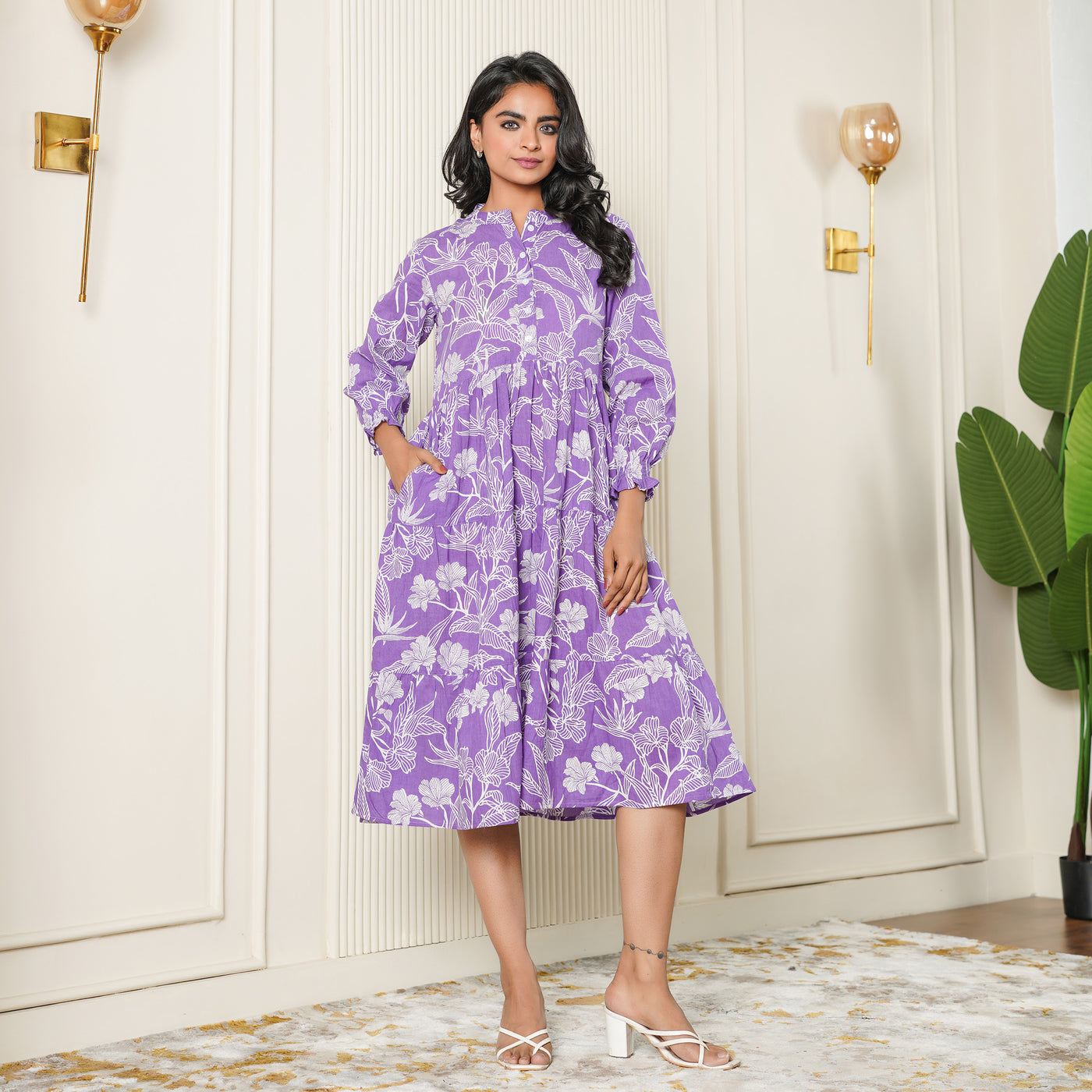 Lilac Haven 3-Tiered Cotton Midi Dress with Pockets