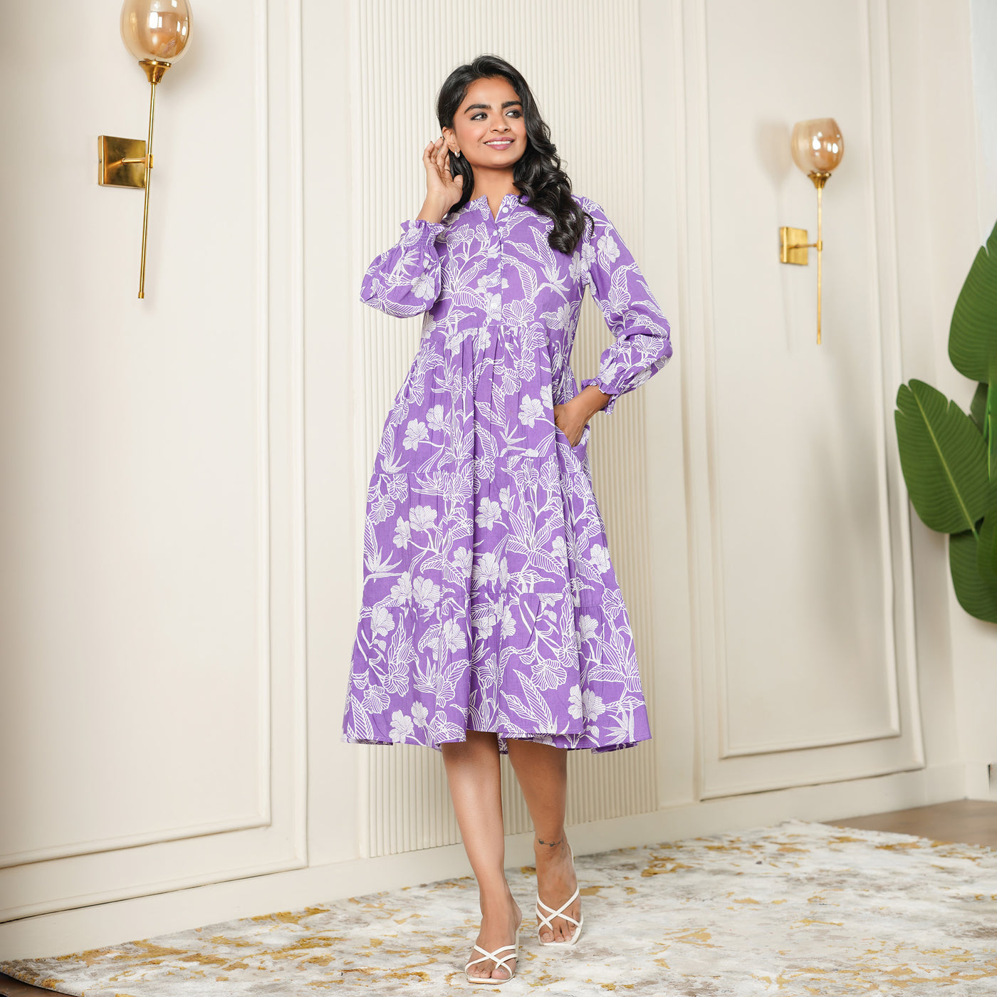 Lilac Haven 3-Tiered Cotton Midi Dress with Pockets