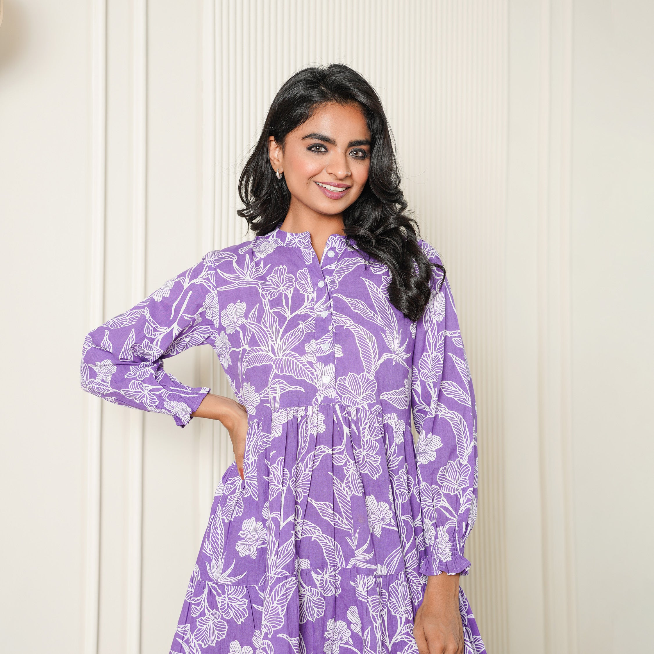 Lilac Haven 3-Tiered Cotton Midi Dress with Pockets – Fashiana