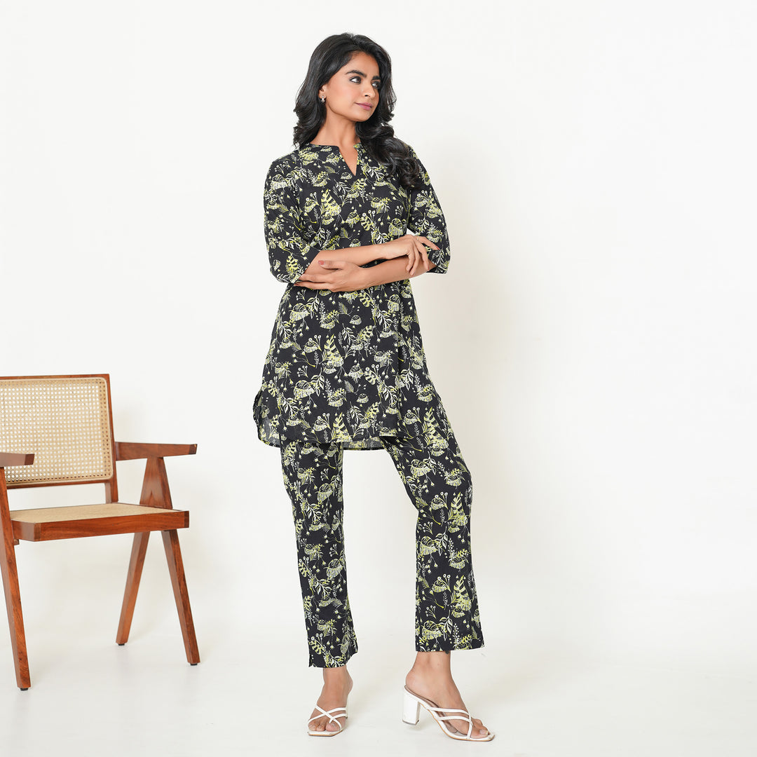 Women's Cotton Co ord Set- Black Fern