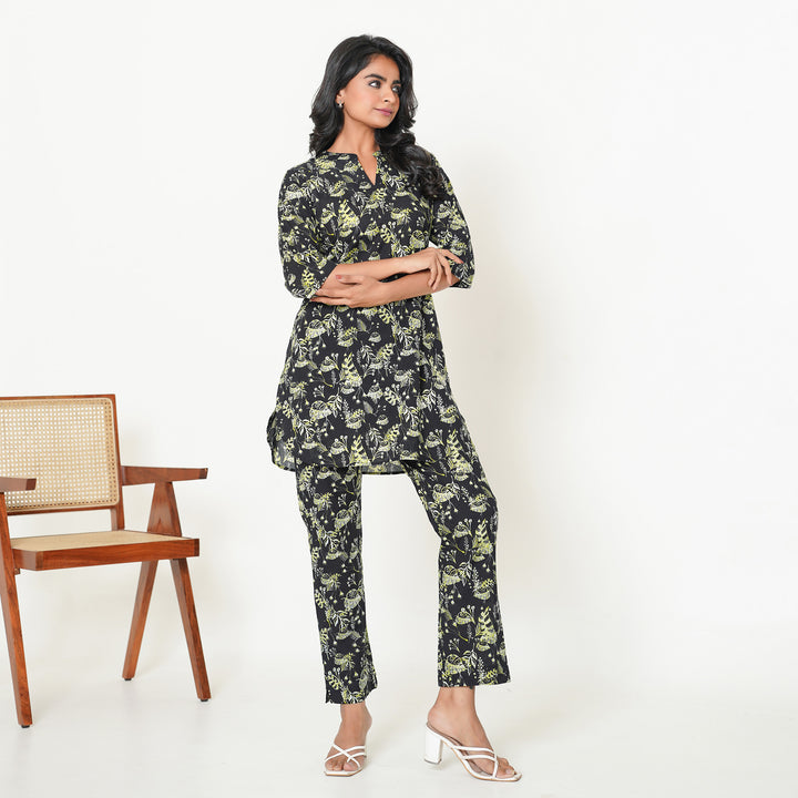 Women's Cotton Co ord Set- Black Fern