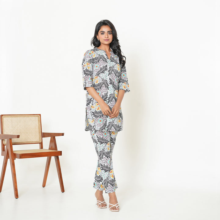 Women's Cotton Co ord Set- Tropical Black