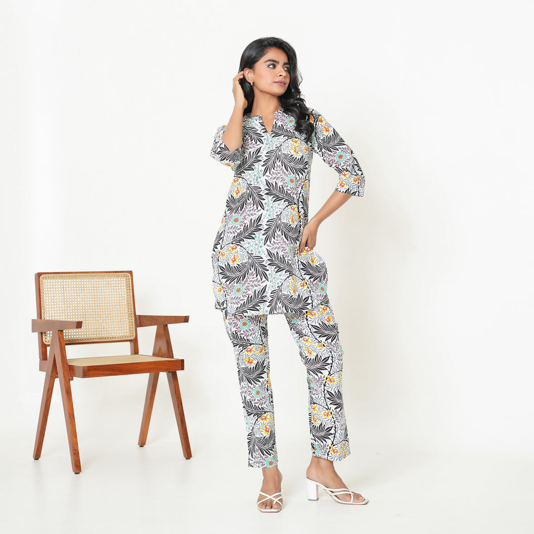 Women's Cotton Co ord Set- Tropical Black