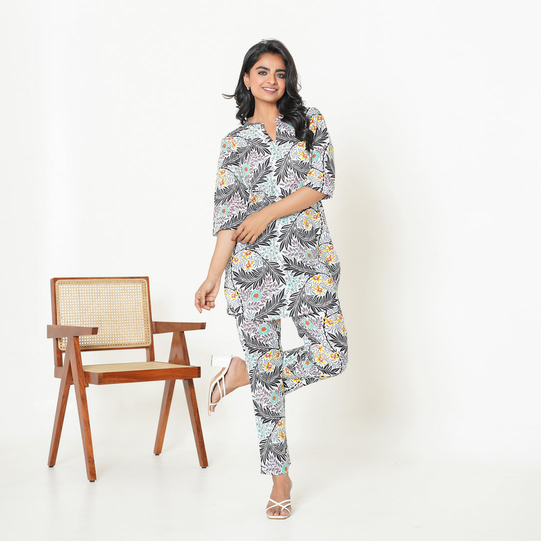 Women's Cotton Co ord Set- Tropical Black