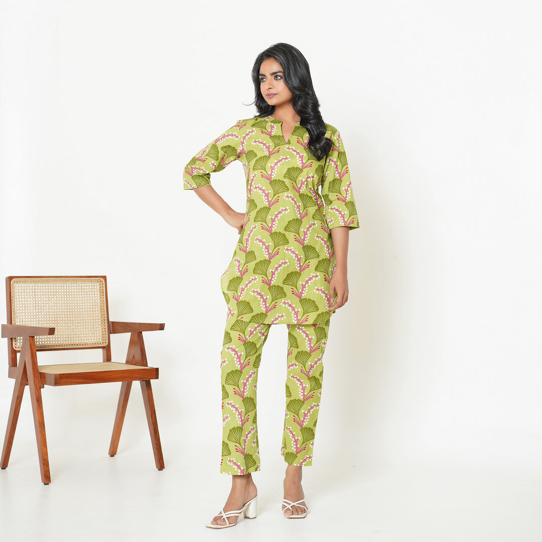 Women's Cotton Co ord Set- Vine on Green