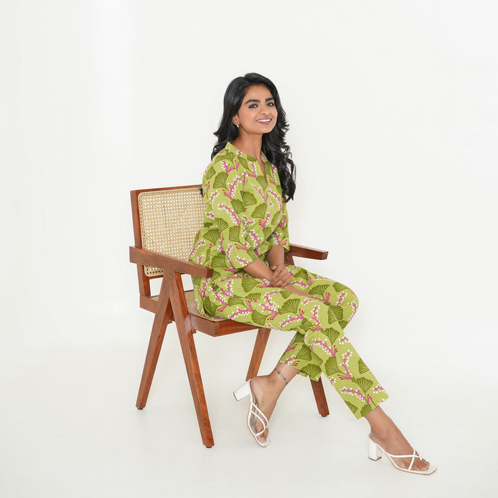 Women's Cotton Co ord Set- Vine on Green