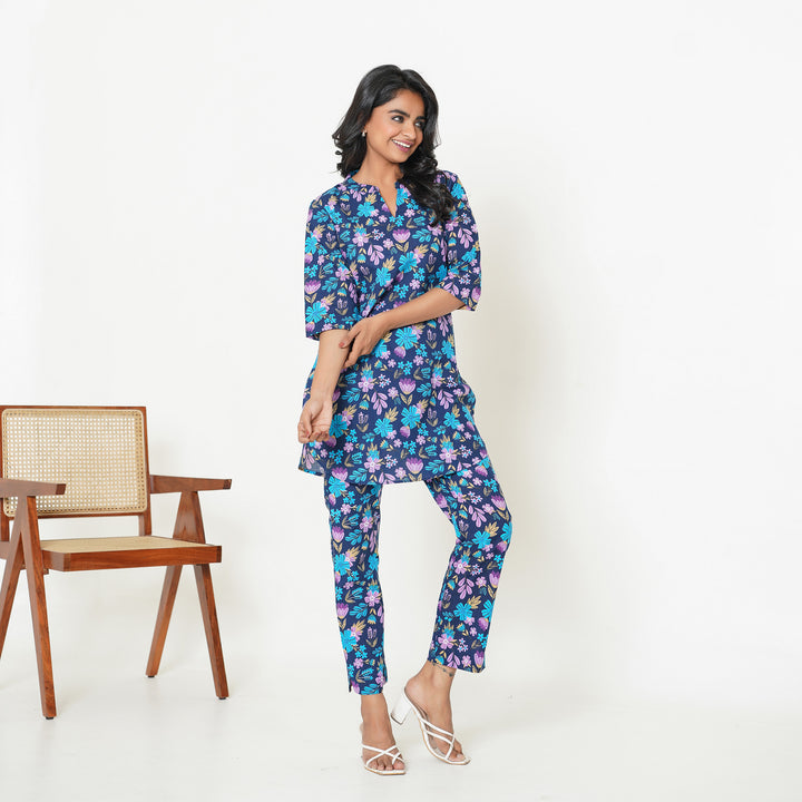 Women's Cotton Co ord Set- Blue Lush