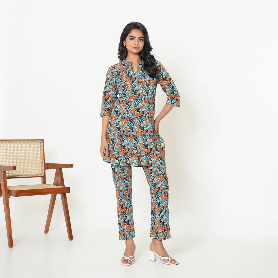 Women's Cotton Co ord Set- Floral Cascade on Black