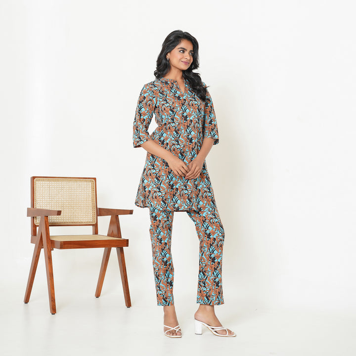 Women's Cotton Co ord Set- Floral Cascade on Black