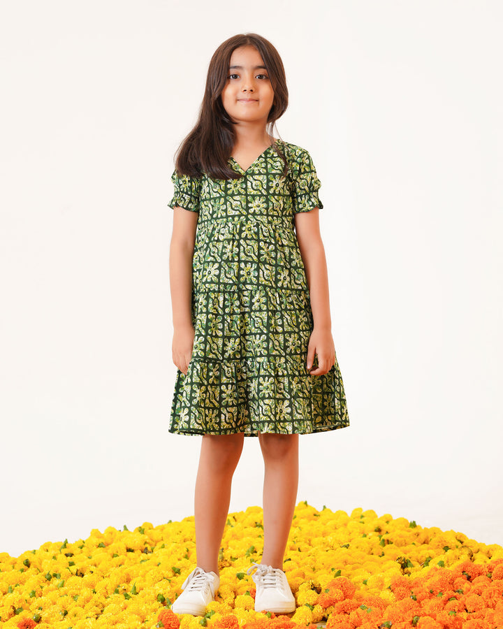 Spring Lattice Printed Girl's Cotton Dress