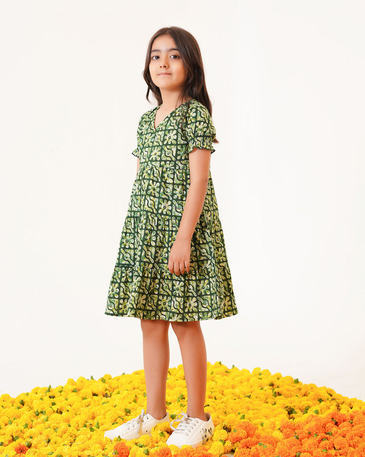 Spring Lattice Printed Girl's Cotton Dress