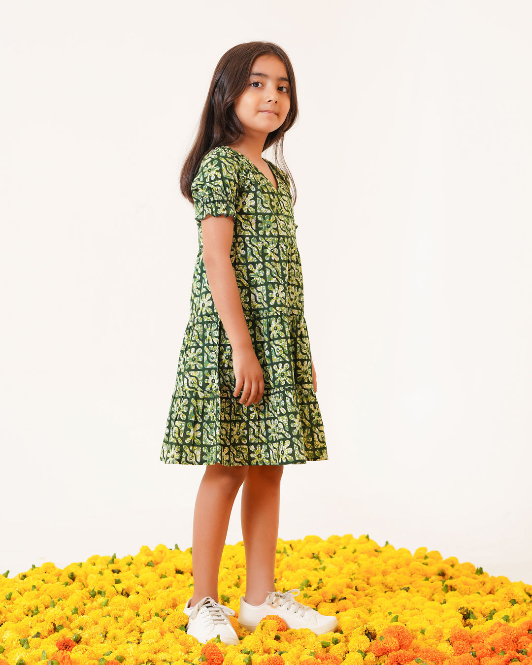 Spring Lattice Printed Girl's Cotton Dress