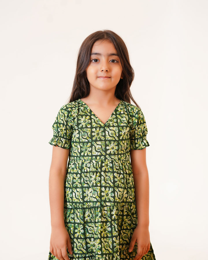 Spring Lattice Printed Girl's Cotton Dress