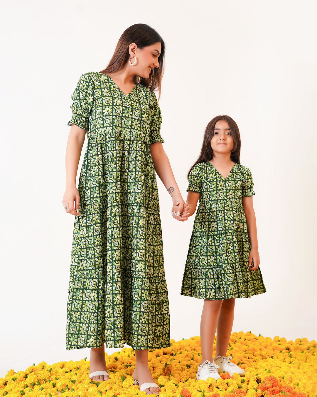 Spring Lattice Mom and Daughter Cotton Dresses