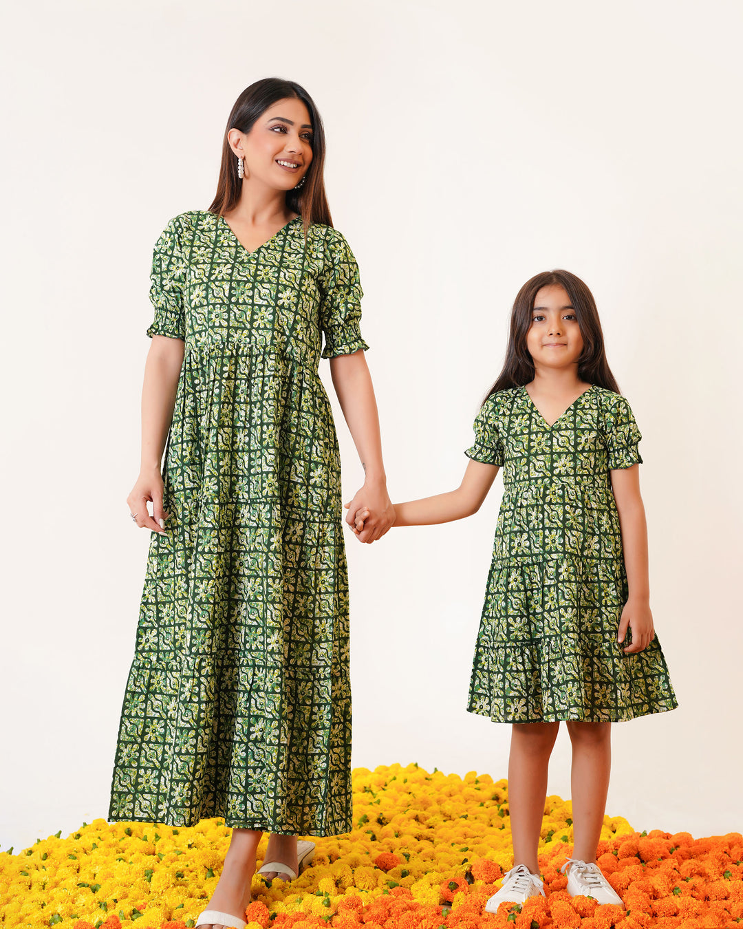Spring Lattice Mom and Daughter Cotton Dresses