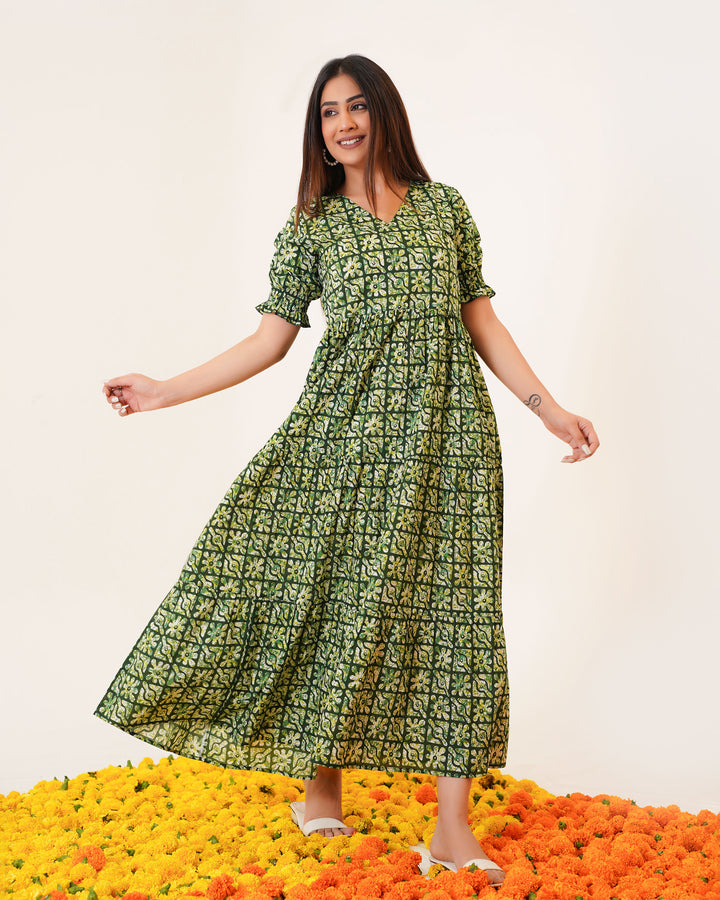 Spring Lattice Cotton Dress with Pockets