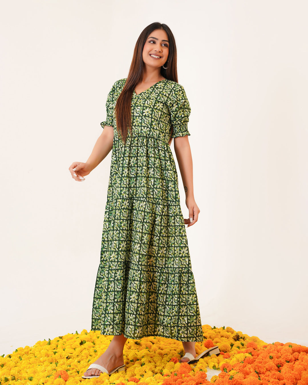 Spring Lattice Cotton Dress with Pockets