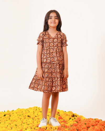 Amber Lattice Printed Girl's Cotton Dress