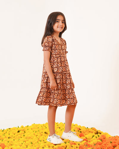 Amber Lattice Printed Girl's Cotton Dress